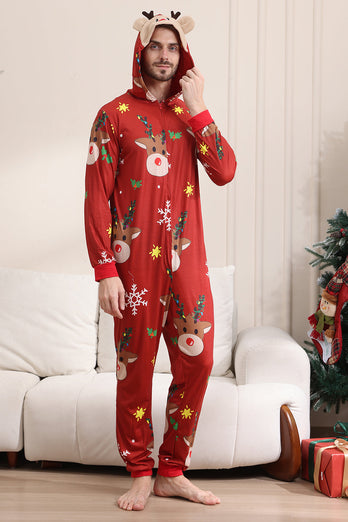 Matchande Onesie för Kvinnor Män Familj Huva Röd Pyjamas I Ett Stycke Jul Pyjamas Set