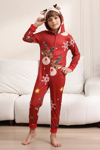 Matchande Onesie för Kvinnor Män Familj Huva Röd Pyjamas I Ett Stycke Jul Pyjamas Set