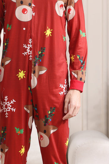 Matchande Onesie för Kvinnor Män Familj Huva Röd Pyjamas I Ett Stycke Jul Pyjamas Set