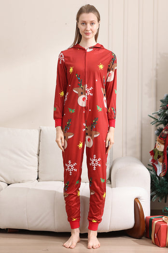 Matchande Onesie för Kvinnor Män Familj Huva Röd Pyjamas I Ett Stycke Jul Pyjamas Set