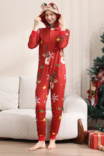 Matchande Onesie för Kvinnor Män Familj Huva Röd Pyjamas I Ett Stycke Jul Pyjamas Set