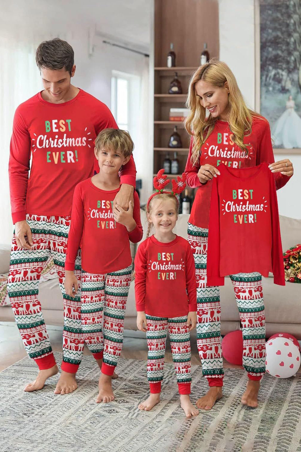 Zapaka Jul Tryckt Matchande Familj Pyjamas Röd Långärmad Rund Hals Set ...