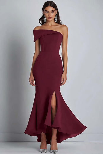 Navy Crepe One Shoulder Sheath Formell Klänning med slits