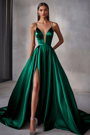 Marinblå Satin A Line Spaghetti Straps Lång Balklänning med slits