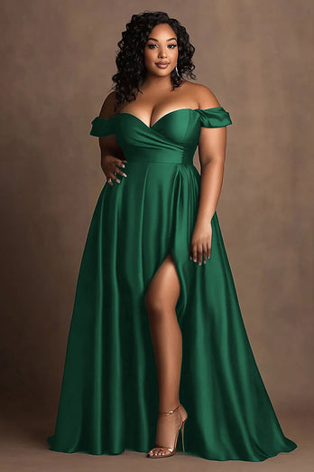 Plus Size Navy Off The Shoulder Satin Lång formell klänning med slits