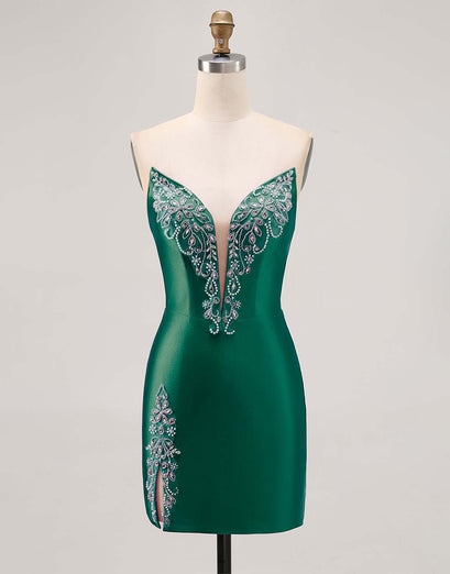 Fuchsia Axelbandslös pärlstav Bodycon Homecoming Klänning med slits
