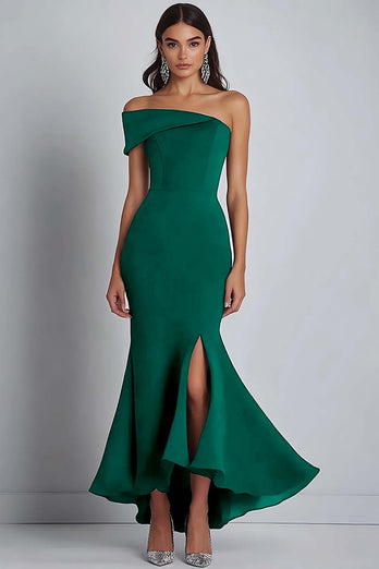 Navy Crepe One Shoulder Sheath Formell Klänning med slits