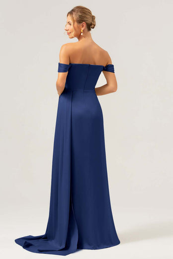 Dammig Ros Sjöjungfru Off The Shoulder Plisserad Satin Bridesmaid Klänning med slits