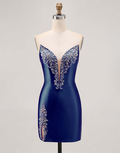 Fuchsia Axelbandslös pärlstav Bodycon Homecoming Klänning med slits