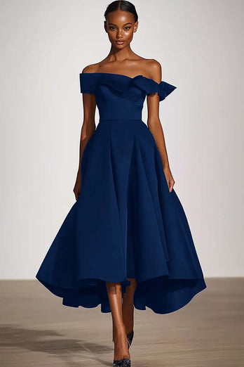 Off The Shoulder En Linje Svart Satin Formell Klänning