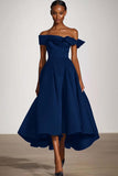 Off The Shoulder En Linje Svart Satin Formell Klänning