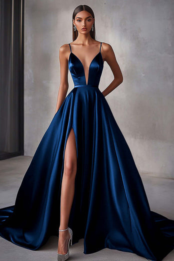 Marinblå Satin A Line Spaghetti Straps Lång Balklänning med slits