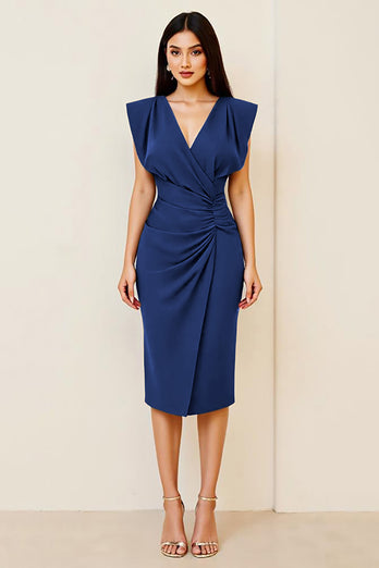 Oliv Rynkad Bodycon V-ringad Midi Formell Klänning