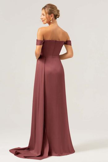 Dammig Ros Sjöjungfru Off The Shoulder Plisserad Satin Bridesmaid Klänning med slits