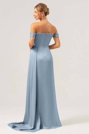 Dammig Ros Sjöjungfru Off The Shoulder Plisserad Satin Bridesmaid Klänning med slits