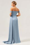 Dammig Ros Sjöjungfru Off The Shoulder Plisserad Satin Bridesmaid Klänning med slits