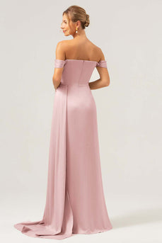 Dammig Ros Sjöjungfru Off The Shoulder Plisserad Satin Bridesmaid Klänning med slits