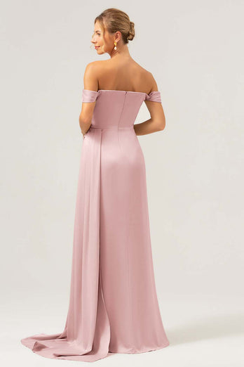 Dammig Ros Sjöjungfru Off The Shoulder Plisserad Satin Bridesmaid Klänning med slits