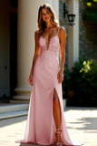 Slida Champagne Stretch Satin Spaghetti Remmar Lång Balklänning