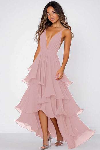 Volang Tiered Röd Chiffong Spaghetti Straps Formell Klänning