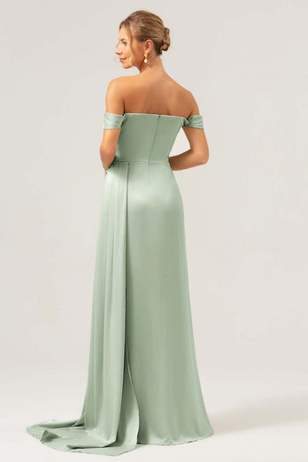 Dammig Ros Sjöjungfru Off The Shoulder Plisserad Satin Bridesmaid Klänning med slits