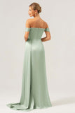 Dammig Ros Sjöjungfru Off The Shoulder Plisserad Satin Bridesmaid Klänning med slits