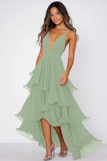 Volang Tiered Röd Chiffong Spaghetti Straps Formell Klänning