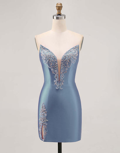 Fuchsia Axelbandslös pärlstav Bodycon Homecoming Klänning med slits