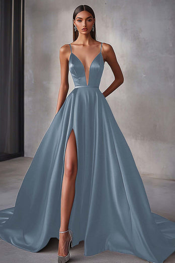Marinblå Satin A Line Spaghetti Straps Lång Balklänning med slits