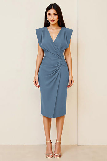 Oliv Rynkad Bodycon V-ringad Midi Formell Klänning