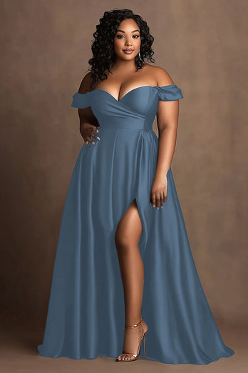 Plus Size Navy Off The Shoulder Satin Lång formell klänning med slits