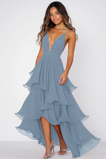 Volang Tiered Röd Chiffong Spaghetti Straps Formell Klänning
