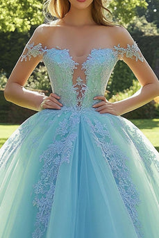 Off the Shoulder Mint Appliqued Balklänning Tyll Quinceanera Klänning