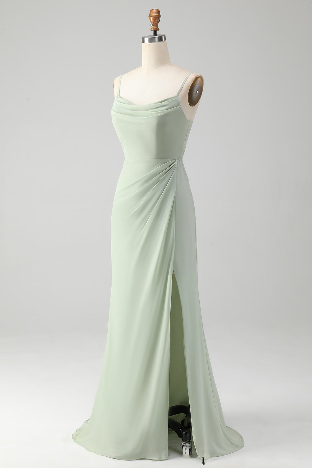 Matcha A Line Spaghetti Straps Satin Lång Brudtärneklänning med Snörning Upp Tillbaka