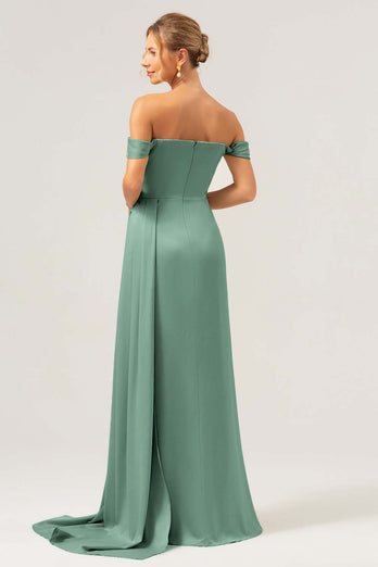 Dammig Ros Sjöjungfru Off The Shoulder Plisserad Satin Bridesmaid Klänning med slits