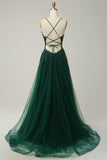 Grön A-linje Spaghetti Remmar Tyll Lång Balklänning med Criss Cross Back