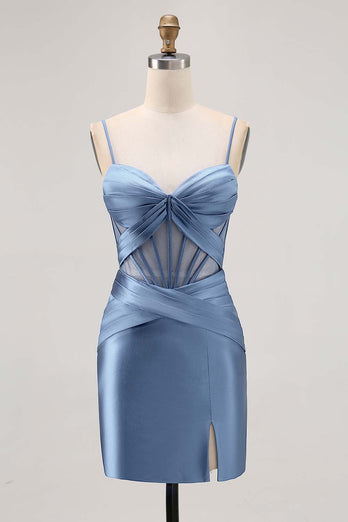 Royal Blue Sheer Korsett Plisserad Tight Kort Balklänning med slits