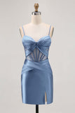 Royal Blue Sheer Korsett Plisserad Tight Kort Balklänning med slits