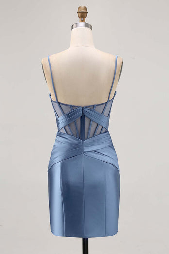 Royal Blue Sheer Korsett Plisserad Tight Kort Balklänning med slits