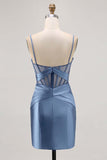 Royal Blue Sheer Korsett Plisserad Tight Kort Balklänning med slits