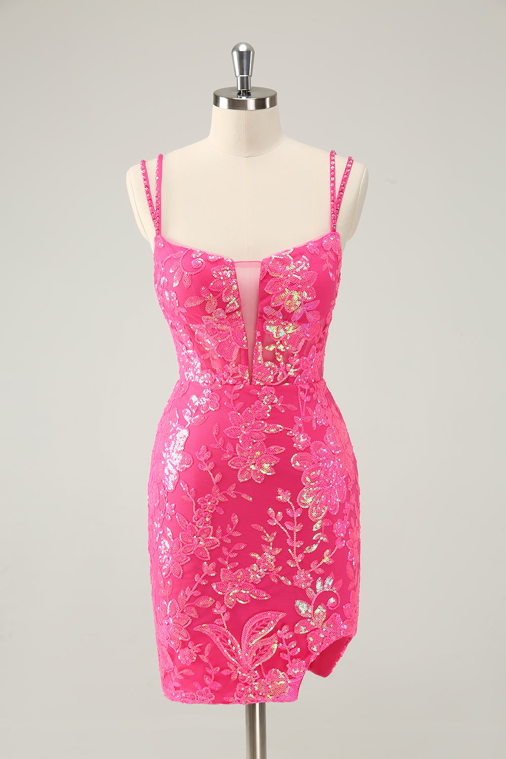 Underbar Hot Pink Bodycon Lace Up Glittler Kort Homecoming Klänning med slits