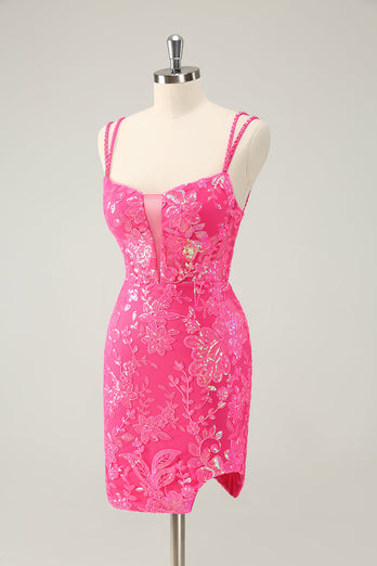 Underbar Hot Pink Bodycon Lace Up Glittler Kort Homecoming Klänning med slits