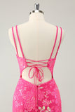 Underbar Hot Pink Bodycon Lace Up Glittler Kort Homecoming Klänning med slits