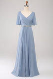 A-linje Chiffong Dusty Blue Lång brudtärneklänning med pärlstav i midjan