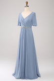 A-linje Chiffong Dusty Blue Lång brudtärneklänning med pärlstav i midjan