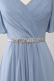 A-linje Chiffong Dusty Blue Lång brudtärneklänning med pärlstav i midjan