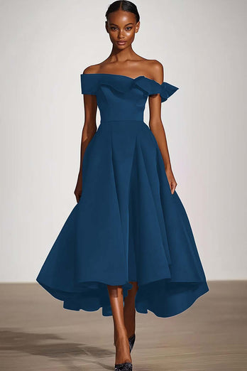 Off The Shoulder En Linje Svart Satin Formell Klänning