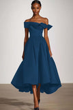 Off The Shoulder En Linje Svart Satin Formell Klänning