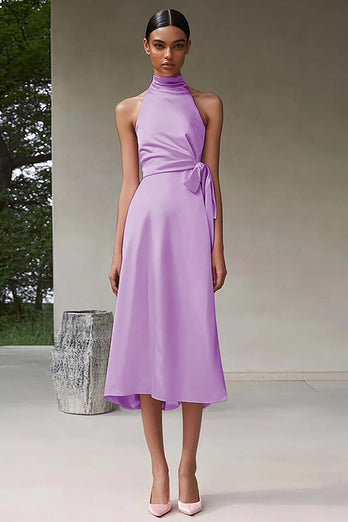 Rosa En linje Halter Tea Längd Satin Formell Klänning