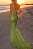Glittrande Silver Backless Mermaid Lång formell klänning